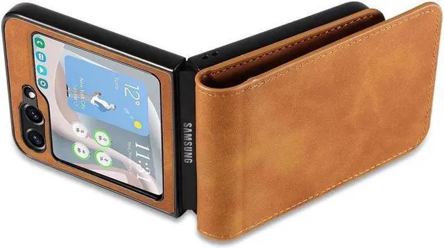 Alt view image 4 of 7 - BONAEVER Case for Samsung Galaxy Z Flip 6 5G Premium PU Leather Phone Cover with Card Holder Stand, Shockproof Flip Wallet Cover Brown
