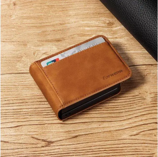 Alt view image 5 of 7 - BONAEVER Case for Samsung Galaxy Z Flip 6 5G Premium PU Leather Phone Cover with Card Holder Stand, Shockproof Flip Wallet Cover Brown