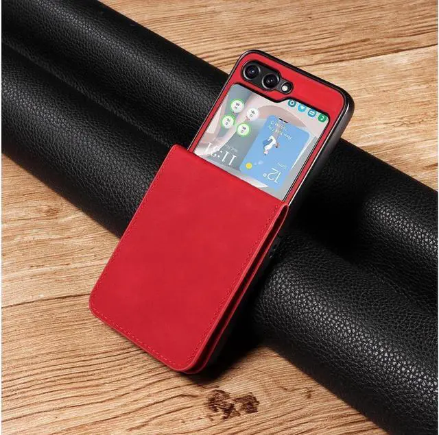 Alt view image 6 of 7 - BONAEVER Case for Samsung Galaxy Z Flip 6 5G Premium PU Leather Phone Cover with Card Holder Stand, Shockproof Flip Wallet Cover Red