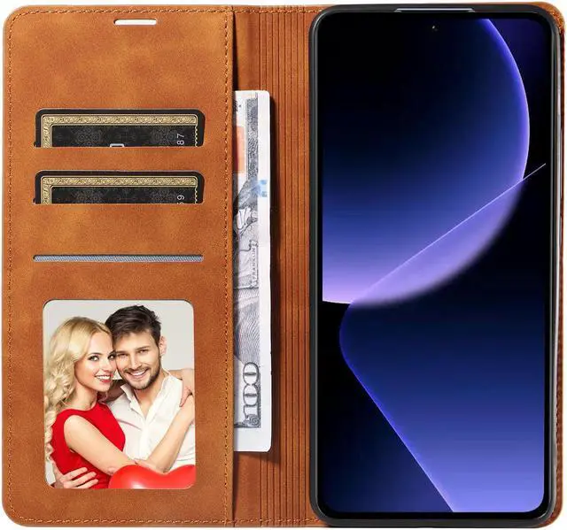 Alt view image 3 of 7 - BONAEVER Case for Xiaomi 13T / 13T Pro 5G Premium PU Leather Phone Cover with Card Holder Stand, Shockproof Flip Wallet Cover Brown