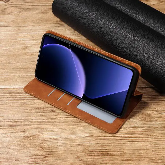 Alt view image 4 of 7 - BONAEVER Case for Xiaomi 13T / 13T Pro 5G Premium PU Leather Phone Cover with Card Holder Stand, Shockproof Flip Wallet Cover Brown