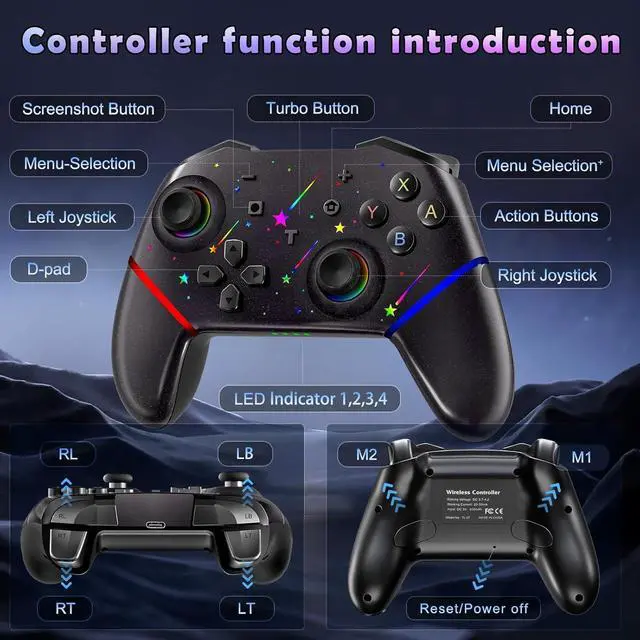 Alt view image 2 of 7 - BONAEVER Switch Controller,Wireless Pro Controller with 1000mAh Battery/9 Colors RGB Light/Programmable/Dual Vibration/Gyro Sensor/Turbo/Wake-up Function,Game Controller for Switch/Lite/OLED/PC