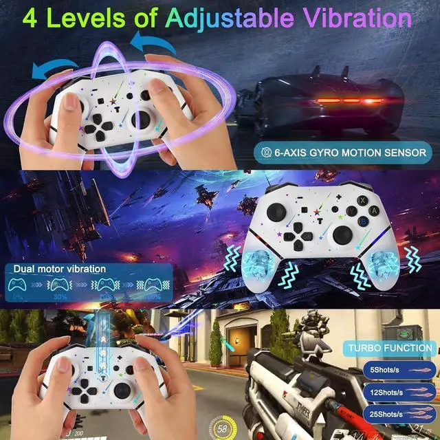 Alt view image 4 of 6 - BONAEVER Switch Controller,Wireless Pro Controller with 1000mAh Battery/9 Colors RGB Light/Programmable/Dual Vibration/Gyro Sensor/Turbo/Wake-up Function,Game Controller for Switch/Lite/OLED/PC White