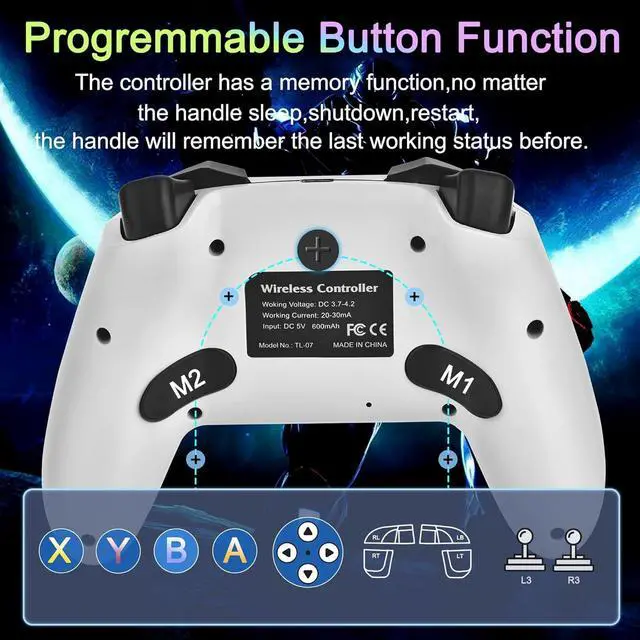 Alt view image 6 of 6 - BONAEVER Switch Controller,Wireless Pro Controller with 1000mAh Battery/9 Colors RGB Light/Programmable/Dual Vibration/Gyro Sensor/Turbo/Wake-up Function,Game Controller for Switch/Lite/OLED/PC White