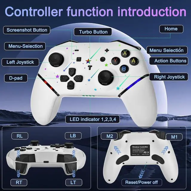 Alt view image 3 of 6 - BONAEVER Switch Controller,Wireless Pro Controller with 1000mAh Battery/9 Colors RGB Light/Programmable/Dual Vibration/Gyro Sensor/Turbo/Wake-up Function,Game Controller for Switch/Lite/OLED/PC White