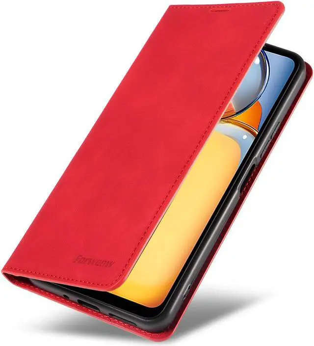 Alt view image 4 of 7 - BONAEVER Case for Xiaomi Redmi 13C 4G / 5G Premium PU Leather Phone Cover with Card Holder Stand, Shockproof Flip Wallet Cover Red