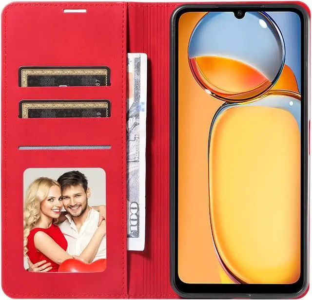 Alt view image 2 of 7 - BONAEVER Case for Xiaomi Redmi 13C 4G / 5G Premium PU Leather Phone Cover with Card Holder Stand, Shockproof Flip Wallet Cover Red