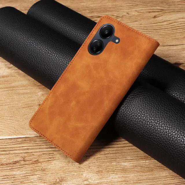 Alt view image 4 of 7 - BONAEVER Case for Xiaomi Redmi 13C 4G / 5G Premium PU Leather Phone Cover with Card Holder Stand, Shockproof Flip Wallet Cover Brown