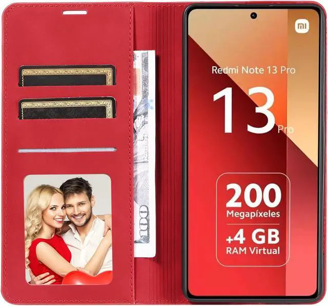 Alt view image 2 of 7 - BONAEVER Case for Xiaomi RedMi Note 13 Pro 4G (Not fit 5G) Premium PU Leather Phone Cover with Card Holder Stand, Shockproof Flip Wallet Cover Red