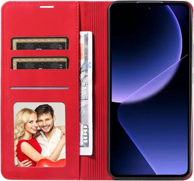 Alt view image 3 of 7 - BONAEVER Case for Xiaomi Redmi Note 13 5G Premium PU Leather Phone Cover with Card Holder Stand, Shockproof Flip Wallet Cover Red
