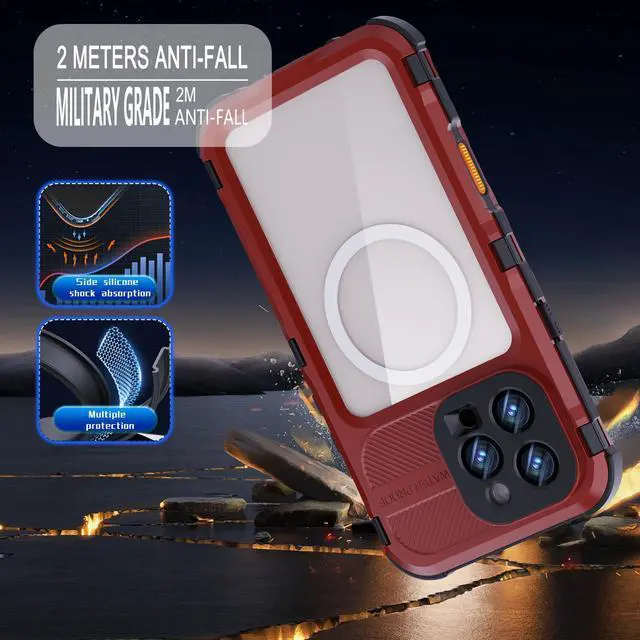 Alt view image 3 of 7 - BONAEVER for iPhone 16 Pro Max 6.9 inch Waterproof Case Compatible with MagSafe, Magnetic Waterproof Metal Full Body IP68 Underwater Case Built-in Screen Protector Military Grade Shockproof Cover Red