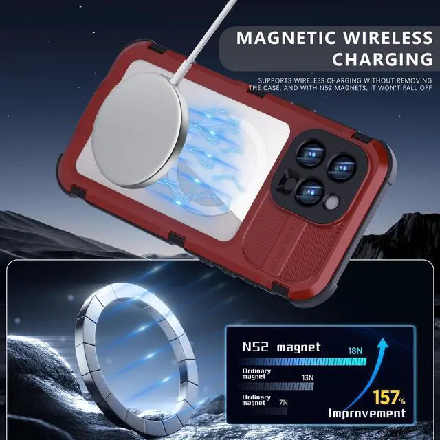 Alt view image 2 of 7 - BONAEVER for iPhone 16 Pro Max 6.9 inch Waterproof Case Compatible with MagSafe, Magnetic Waterproof Metal Full Body IP68 Underwater Case Built-in Screen Protector Military Grade Shockproof Cover Red