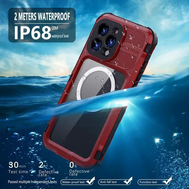 Alt view image 4 of 7 - BONAEVER for iPhone 16 Pro Max 6.9 inch Waterproof Case Compatible with MagSafe, Magnetic Waterproof Metal Full Body IP68 Underwater Case Built-in Screen Protector Military Grade Shockproof Cover Red