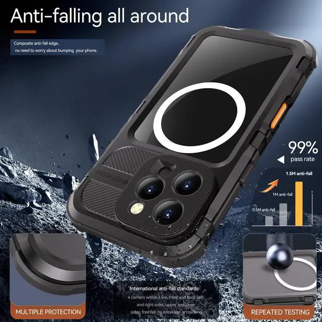 Alt view image 4 of 7 - BONAEVER for iPhone 16 Pro 6.3 inch Waterproof Case Compatible with MagSafe, Magnetic Waterproof Metal Full Body IP68 Underwater Case Built-in Screen Protector Military Grade Shockproof Cover