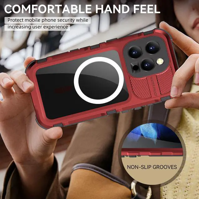 Alt view image 7 of 7 - BONAEVER for iPhone 16 Pro 6.3 inch Waterproof Case Compatible with MagSafe, Magnetic Waterproof Metal Full Body IP68 Underwater Case Built-in Screen Protector Military Grade Shockproof Cover Red