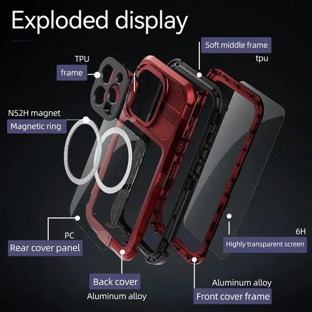 Alt view image 5 of 7 - BONAEVER for iPhone 16 Pro 6.3 inch Waterproof Case Compatible with MagSafe, Magnetic Waterproof Metal Full Body IP68 Underwater Case Built-in Screen Protector Military Grade Shockproof Cover Red