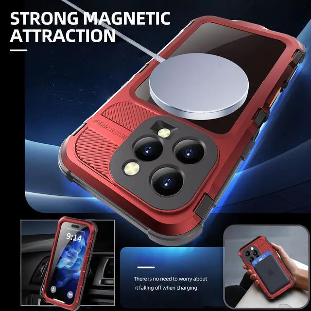 Alt view image 3 of 7 - BONAEVER for iPhone 16 Pro 6.3 inch Waterproof Case Compatible with MagSafe, Magnetic Waterproof Metal Full Body IP68 Underwater Case Built-in Screen Protector Military Grade Shockproof Cover Red