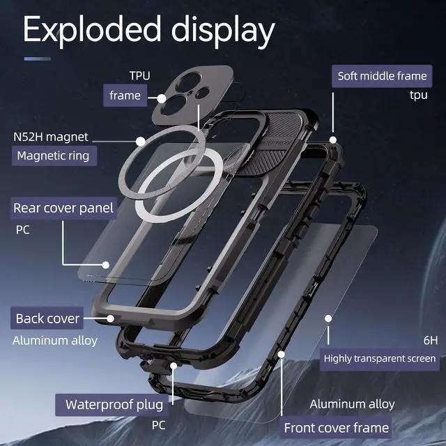 Alt view image 6 of 7 - BONAEVER for iPhone 16 Plus 6.7 inch Waterproof Case Compatible with MagSafe, Magnetic Waterproof Metal Full Body IP68 Underwater Case Built-in Screen Protector Military Grade Shockproof Cover