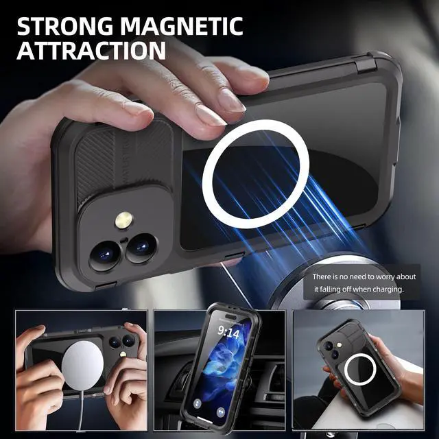 Alt view image 3 of 7 - BONAEVER for iPhone 16 Plus 6.7 inch Waterproof Case Compatible with MagSafe, Magnetic Waterproof Metal Full Body IP68 Underwater Case Built-in Screen Protector Military Grade Shockproof Cover