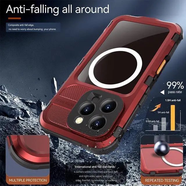 Alt view image 4 of 7 - BONAEVER for iPhone 16 Pro 6.3 inch Waterproof Case Compatible with MagSafe, Magnetic Waterproof Metal Full Body IP68 Underwater Case Built-in Screen Protector Military Grade Shockproof Cover Red