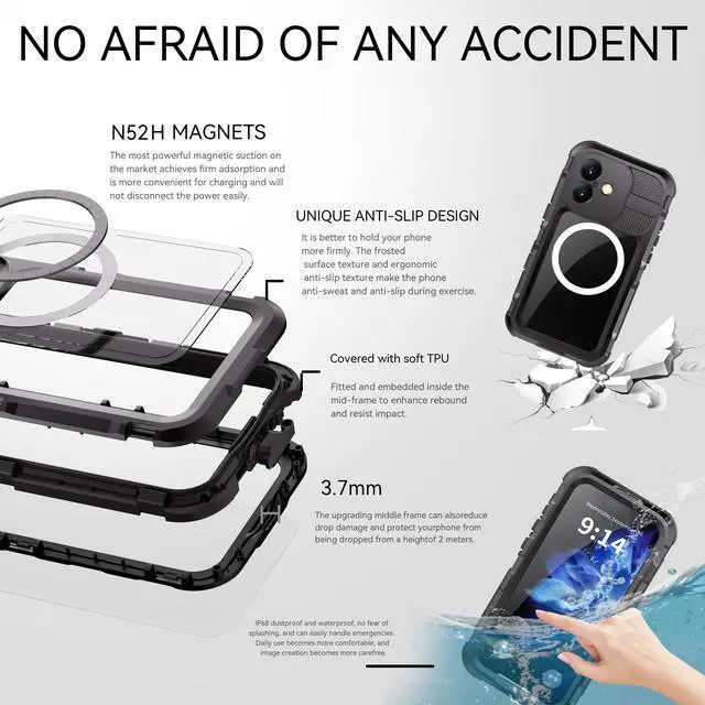 Alt view image 4 of 7 - BONAEVER for iPhone 16 6.1 inch Waterproof Case Compatible with MagSafe, Magnetic Waterproof Metal Full Body IP68 Underwater Case Built-in Screen Protector Military Grade Shockproof Cover