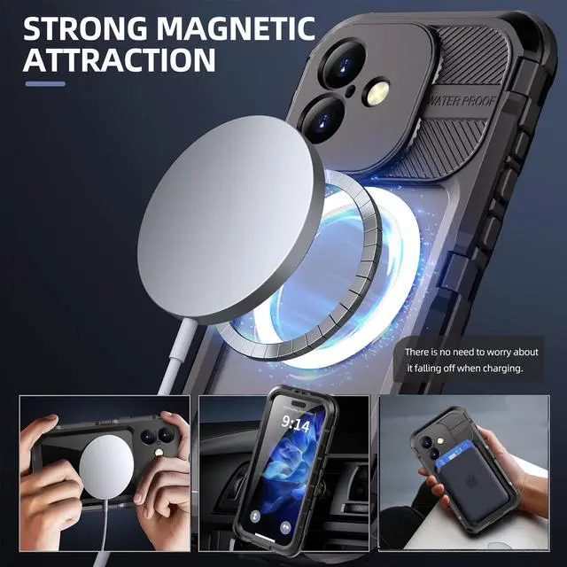 Alt view image 5 of 7 - BONAEVER for iPhone 16 6.1 inch Waterproof Case Compatible with MagSafe, Magnetic Waterproof Metal Full Body IP68 Underwater Case Built-in Screen Protector Military Grade Shockproof Cover
