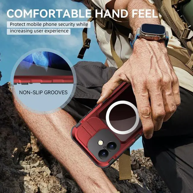 Alt view image 7 of 7 - BONAEVER for iPhone 16 Plus 6.7 inch Waterproof Case Compatible with MagSafe, Magnetic Waterproof Metal Full Body IP68 Underwater Case Built-in Screen Protector Military Grade Shockproof Cover Red