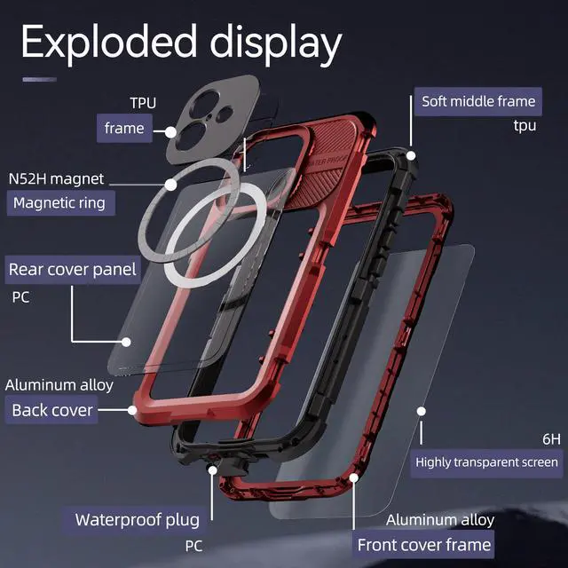Alt view image 4 of 7 - BONAEVER for iPhone 16 Plus 6.7 inch Waterproof Case Compatible with MagSafe, Magnetic Waterproof Metal Full Body IP68 Underwater Case Built-in Screen Protector Military Grade Shockproof Cover Red