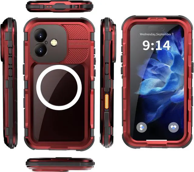 Alt view image 7 of 7 - BONAEVER for iPhone 16 6.1 inch Waterproof Case Compatible with MagSafe, Magnetic Waterproof Metal Full Body IP68 Underwater Case Built-in Screen Protector Military Grade Shockproof Cover Red