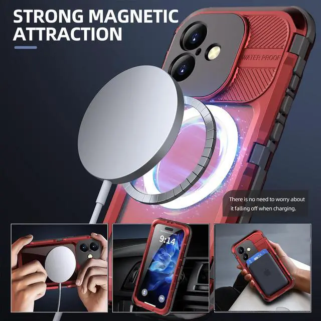 Alt view image 3 of 7 - BONAEVER for iPhone 16 6.1 inch Waterproof Case Compatible with MagSafe, Magnetic Waterproof Metal Full Body IP68 Underwater Case Built-in Screen Protector Military Grade Shockproof Cover Red