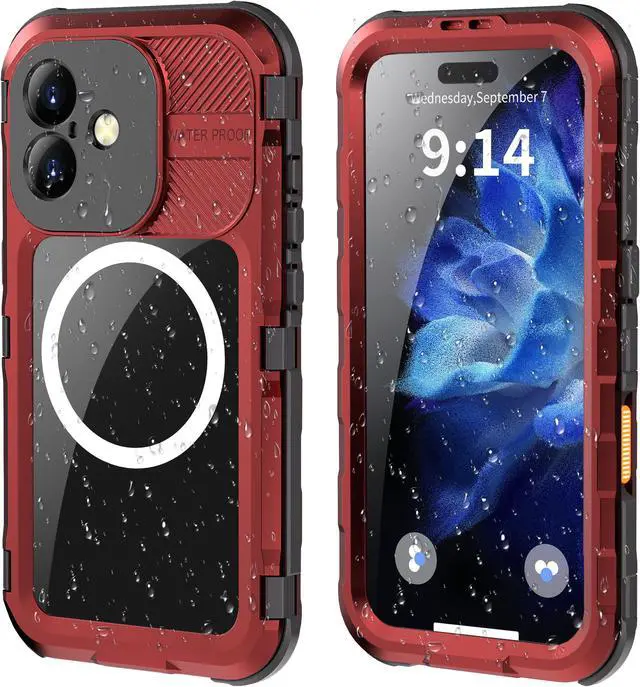 Main image of BONAEVER for iPhone 16 6.1 inch Waterproof Case Compatible with MagSafe, Magnetic Waterproof Metal Full Body IP68 Underwater Case Built-in Screen Protector Military Grade Shockproof Cover Red