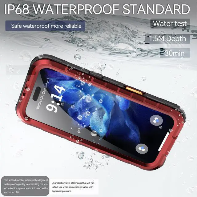 Alt view image 2 of 7 - BONAEVER for iPhone 16 6.1 inch Waterproof Case Compatible with MagSafe, Magnetic Waterproof Metal Full Body IP68 Underwater Case Built-in Screen Protector Military Grade Shockproof Cover Red