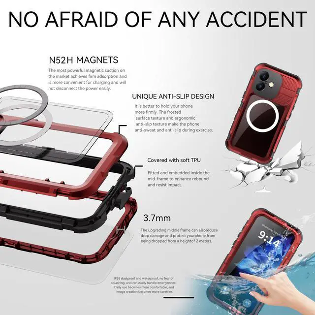 Alt view image 4 of 7 - BONAEVER for iPhone 16 6.1 inch Waterproof Case Compatible with MagSafe, Magnetic Waterproof Metal Full Body IP68 Underwater Case Built-in Screen Protector Military Grade Shockproof Cover Red