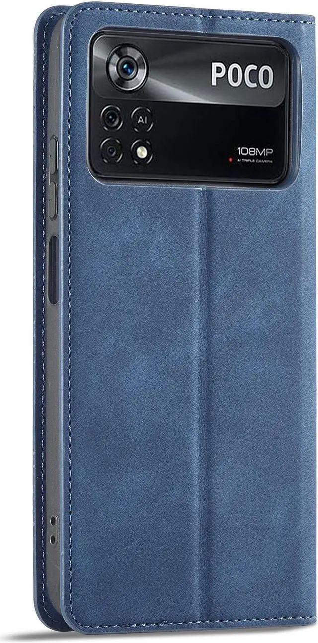 Alt view image 7 of 7 - BONAEVER Case for Xiaomi Poco X4 Pro 5G Premium PU Leather Phone Cover with Card Holder Stand, Shockproof Flip Wallet Cover Blue