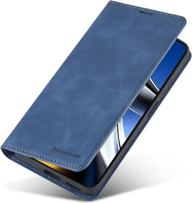 Alt view image 4 of 7 - BONAEVER Case for Xiaomi Poco X4 Pro 5G Premium PU Leather Phone Cover with Card Holder Stand, Shockproof Flip Wallet Cover Blue