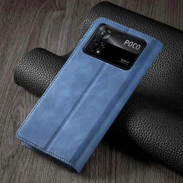 Alt view image 5 of 7 - BONAEVER Case for Xiaomi Poco X4 Pro 5G Premium PU Leather Phone Cover with Card Holder Stand, Shockproof Flip Wallet Cover Blue