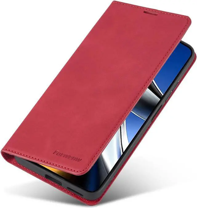 Alt view image 4 of 7 - BONAEVER Case for Xiaomi Poco X4 Pro 5G Premium PU Leather Phone Cover with Card Holder Stand, Shockproof Flip Wallet Cover Red