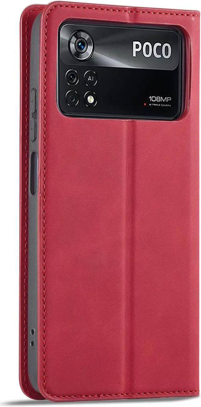 Alt view image 7 of 7 - BONAEVER Case for Xiaomi Poco X4 Pro 5G Premium PU Leather Phone Cover with Card Holder Stand, Shockproof Flip Wallet Cover Red