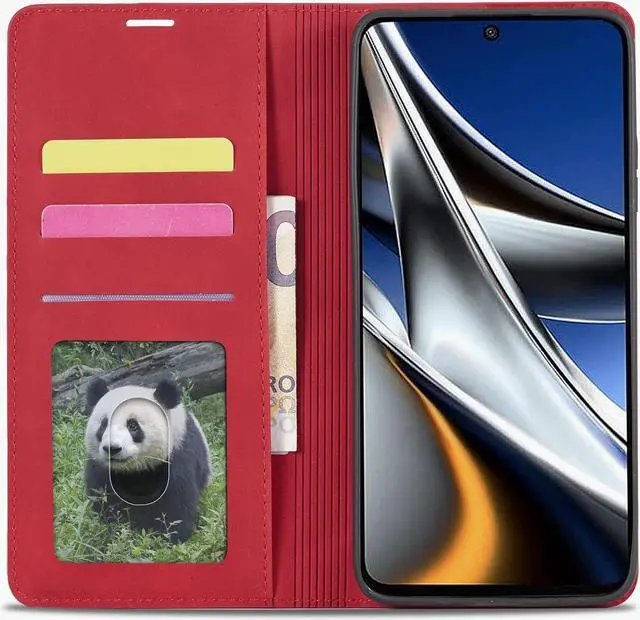 Alt view image 2 of 7 - BONAEVER Case for Xiaomi Poco X4 Pro 5G Premium PU Leather Phone Cover with Card Holder Stand, Shockproof Flip Wallet Cover Red