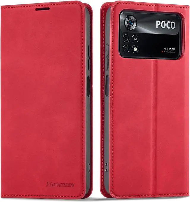 Main image of BONAEVER Case for Xiaomi Poco X4 Pro 5G Premium PU Leather Phone Cover with Card Holder Stand, Shockproof Flip Wallet Cover Red