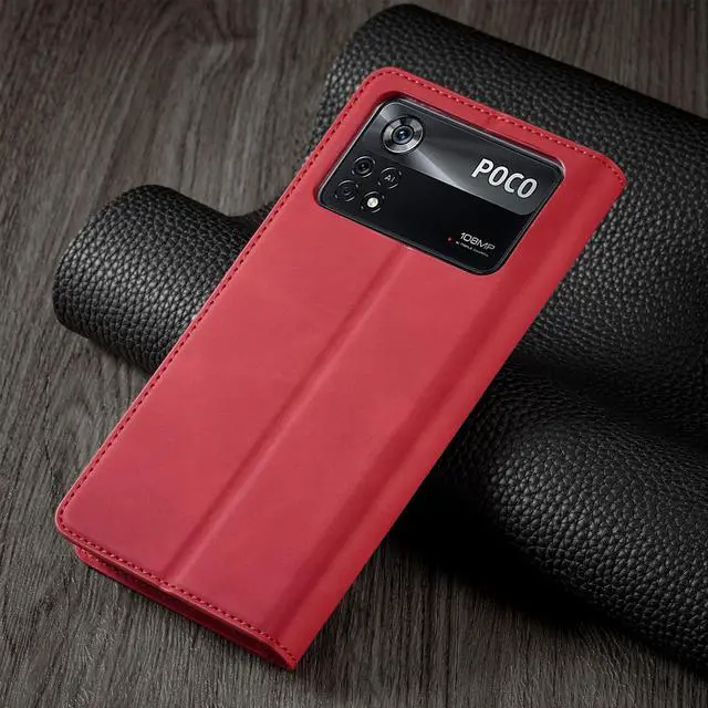 Alt view image 5 of 7 - BONAEVER Case for Xiaomi Poco X4 Pro 5G Premium PU Leather Phone Cover with Card Holder Stand, Shockproof Flip Wallet Cover Red