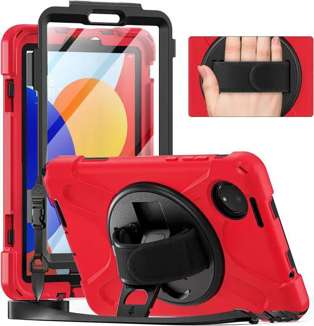 Main image of BONAEVER Case for Xiaomi Redmi Pad SE 8.7 inch 2024, Shockproof Cover with Screen Protector Pencil Holder, 360° Rotating Hand Strap & Stand & Shoulder Strap Red