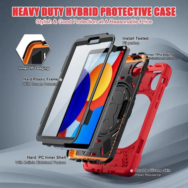 Alt view image 6 of 7 - BONAEVER Case for Xiaomi Redmi Pad SE 8.7 inch 2024, Shockproof Cover with Screen Protector Pencil Holder, 360° Rotating Hand Strap & Stand & Shoulder Strap Red