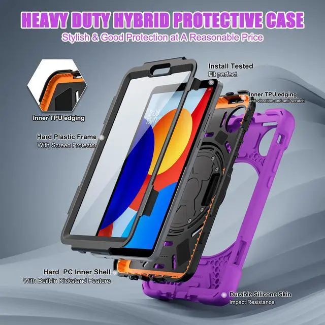 Alt view image 3 of 7 - BONAEVER Case for Xiaomi Redmi Pad SE 8.7 inch 2024, Shockproof Cover with Screen Protector Pencil Holder, 360° Rotating Hand Strap & Stand & Shoulder Strap Purple