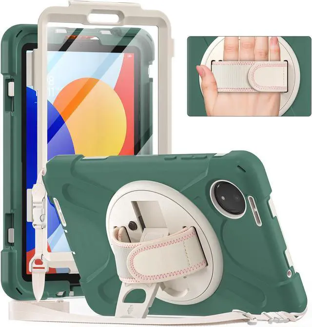 Main image of BONAEVER Case for Xiaomi Redmi Pad SE 8.7 inch 2024, Shockproof Cover with Screen Protector Pencil Holder, 360° Rotating Hand Strap & Stand & Shoulder Strap Dark Green