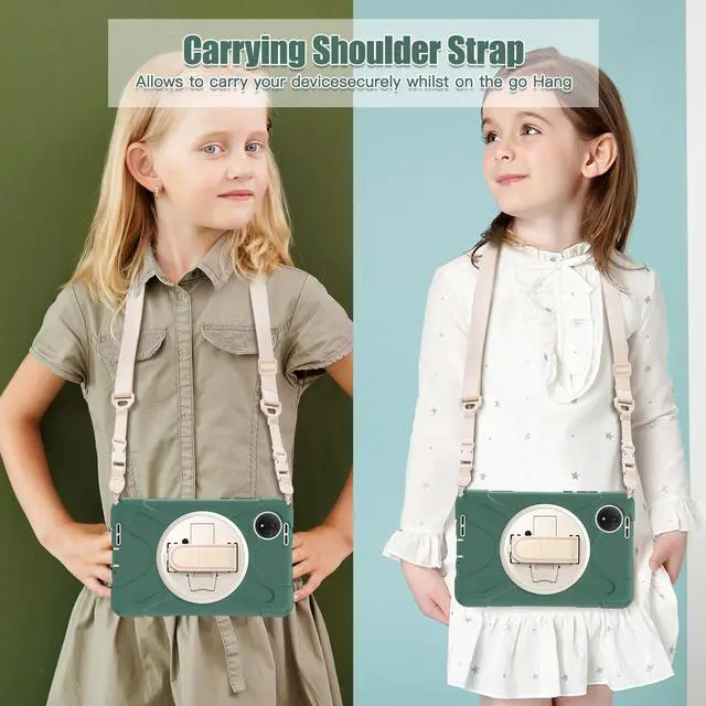 Alt view image 6 of 7 - BONAEVER Case for Xiaomi Redmi Pad SE 8.7 inch 2024, Shockproof Cover with Screen Protector Pencil Holder, 360° Rotating Hand Strap & Stand & Shoulder Strap Dark Green