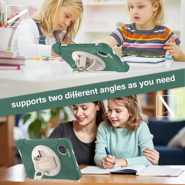 Alt view image 5 of 7 - BONAEVER Case for Xiaomi Redmi Pad SE 8.7 inch 2024, Shockproof Cover with Screen Protector Pencil Holder, 360° Rotating Hand Strap & Stand & Shoulder Strap Dark Green