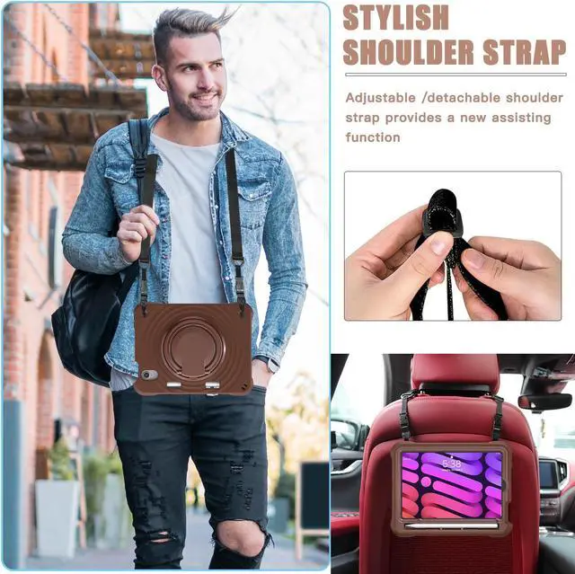 Alt view image 6 of 7 - BONAEVER Shockproof Case for iPad Mini 7 (A17 Pro) 2024 / iPad Mini 6 8.3 inch 2021 Protective Cover with 360° Rotating Stand, Hand/Shoulder Strap, Pencil Holder Chocolate