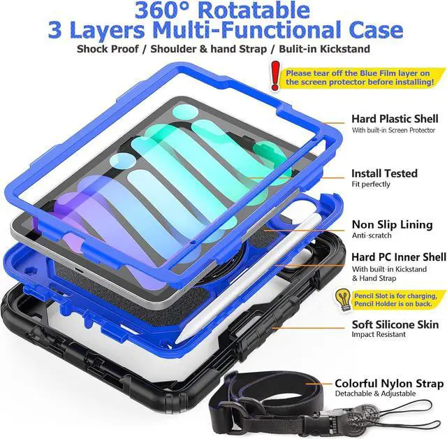 Alt view image 7 of 7 - BONAEVER Case for iPad Mini 7 (A17 Pro) 2024 / iPads Mini 6 8.3" Full-Body Shockproof Protective Case with Screen Protector, 360° Rotating Stand, Hand/Shoulder Strap for iPad Mini 7th/ 6th Generation