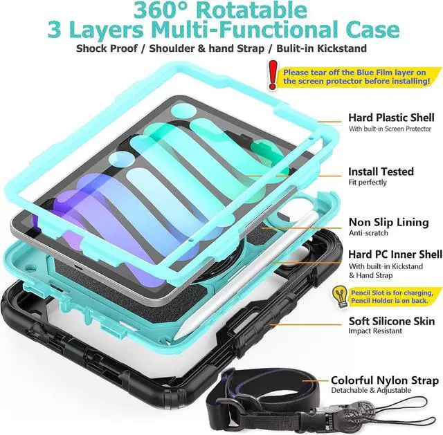 Alt view image 7 of 7 - BONAEVER Case for iPad Mini 7 (A17 Pro) 2024 / iPads Mini 6 8.3" Full-Body Shockproof Protective Case with Screen Protector, 360° Rotating Stand, Hand/Shoulder Strap for iPad Mini 7th/ 6th Generation